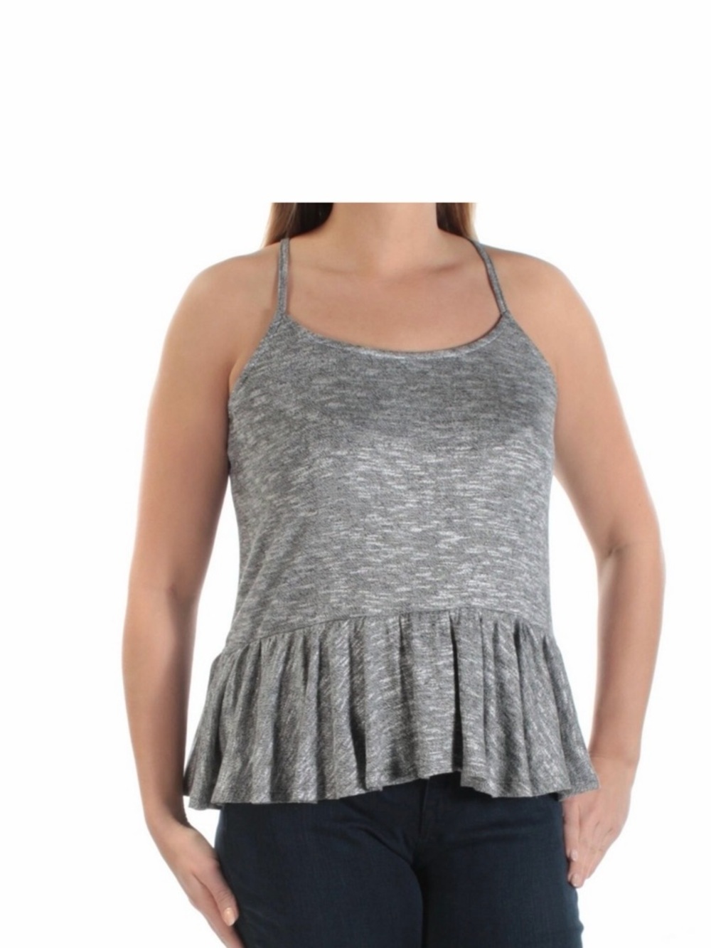 Bar III Women’s Gray Babydoll Peplum Tank Top XL Spaghetti Strap Stretch